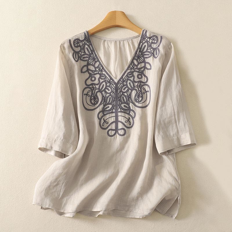 Buddha Stones Embroidered V-neck Casual Women's Half Sleeve T-shirt
