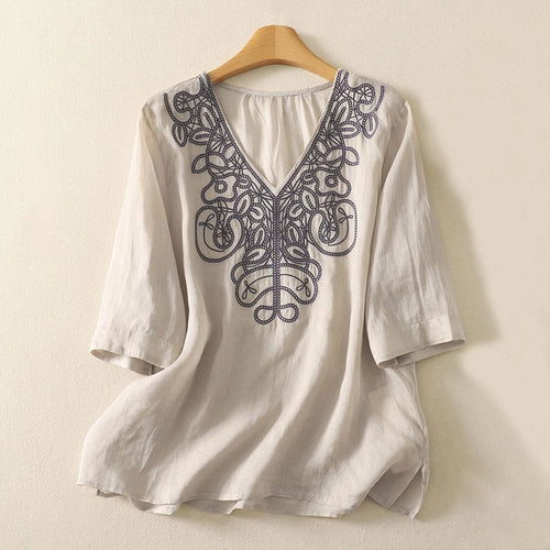 Buddha Stones Embroidered V-neck Casual Women's Half Sleeve T-shirt