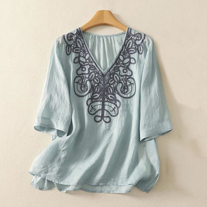 Buddha Stones Embroidered V-neck Casual Women's Half Sleeve T-shirt