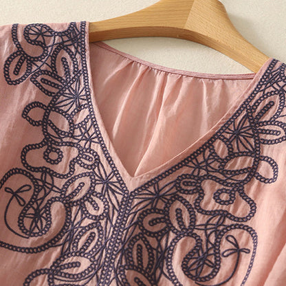 Buddha Stones Embroidered V-neck Casual Women's Half Sleeve T-shirt