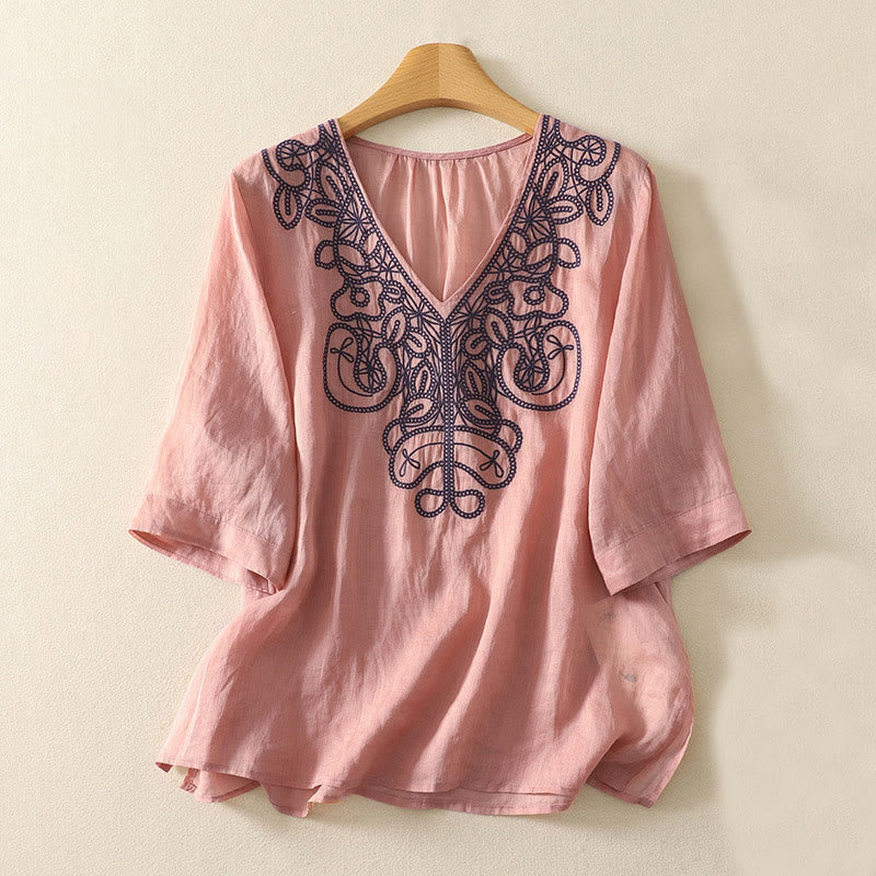Buddha Stones Embroidered V-neck Casual Women's Half Sleeve T-shirt