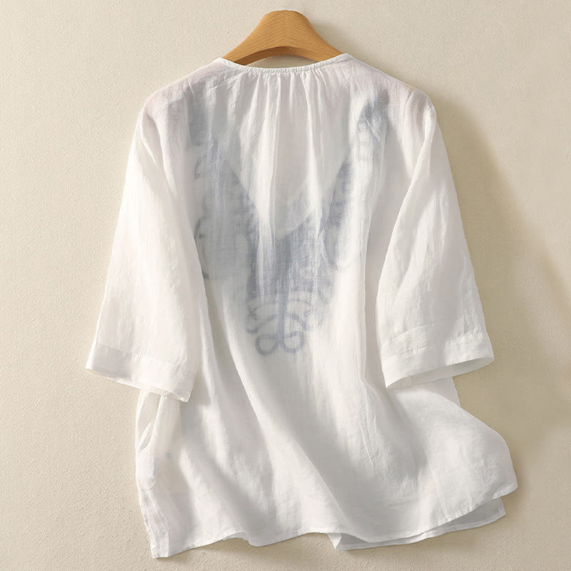 Buddha Stones Embroidered V-neck Casual Women's Half Sleeve T-shirt