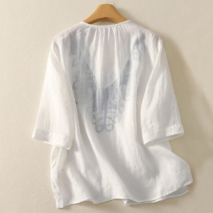 Buddha Stones Embroidered V-neck Casual Women's Half Sleeve T-shirt