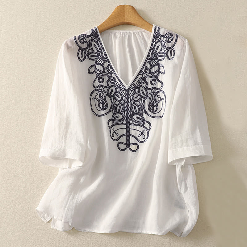 Buddha Stones Embroidered V-neck Casual Women's Half Sleeve T-shirt
