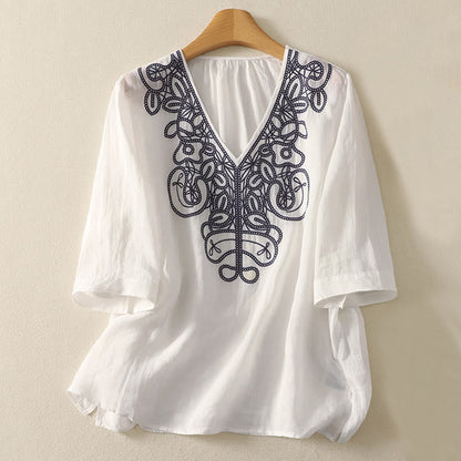 Buddha Stones Embroidered V-neck Casual Women's Half Sleeve T-shirt