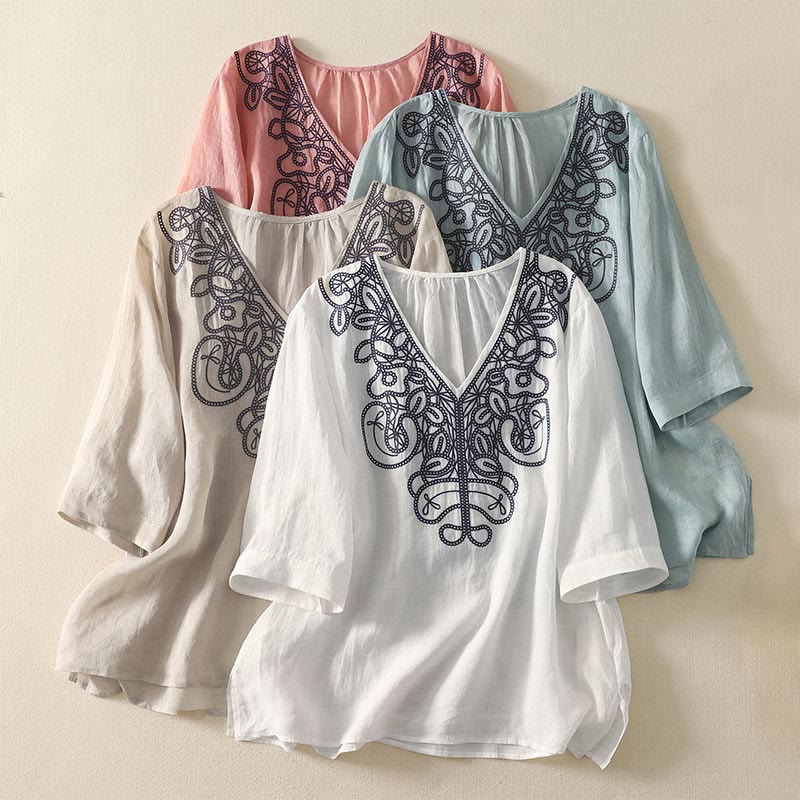 Buddha Stones Embroidered V-neck Casual Women's Half Sleeve T-shirt