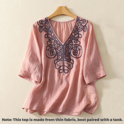 Buddha Stones Embroidered V-neck Casual Women's Half Sleeve T-shirt