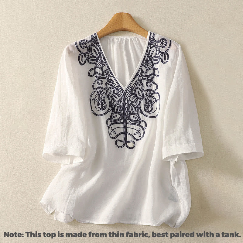 Buddha Stones Embroidered V-neck Casual Women's Half Sleeve T-shirt