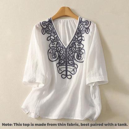 Buddha Stones Embroidered V-neck Casual Women's Half Sleeve T-shirt