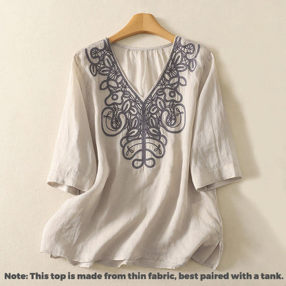 Buddha Stones Embroidered V-neck Casual Women's Half Sleeve T-shirt