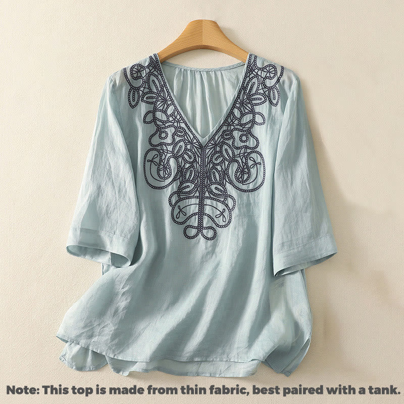 Buddha Stones Embroidered V-neck Casual Women's Half Sleeve T-shirt