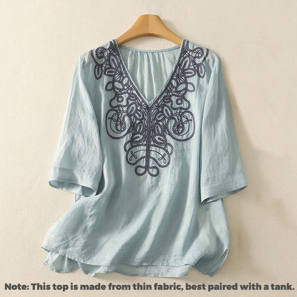 Buddha Stones Embroidered V-neck Casual Women's Half Sleeve T-shirt