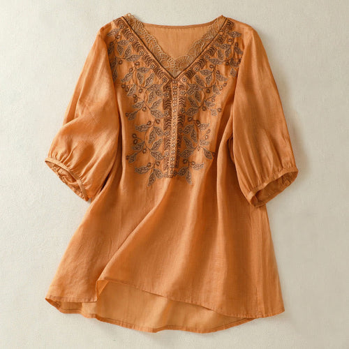 Buddha Stones Embroidered Lace Casual Women's Cotton Linen Half Sleeve T-shirt