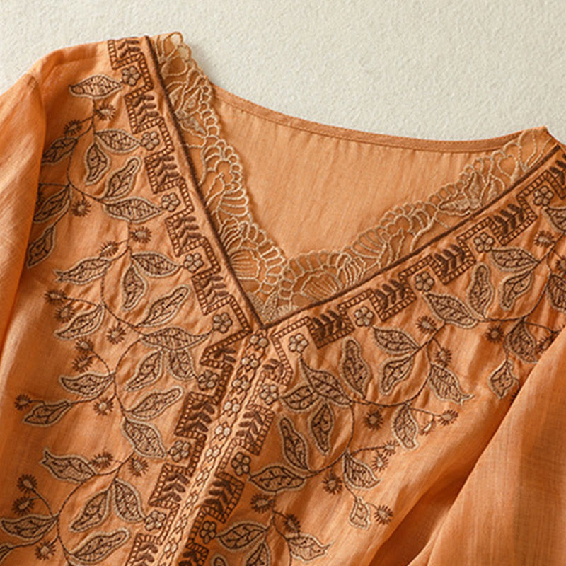 Buddha Stones Embroidered Lace Casual Women's Cotton Linen Half Sleeve T-shirt