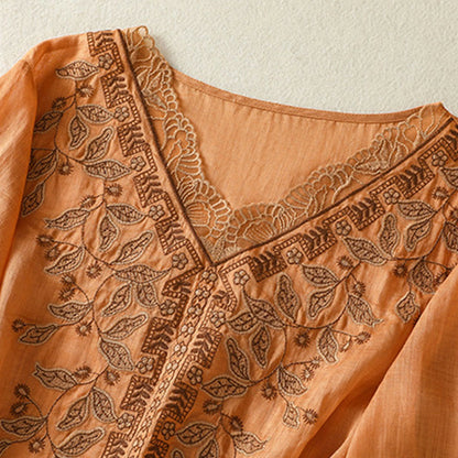 Buddha Stones Embroidered Lace Casual Women's Cotton Linen Half Sleeve T-shirt