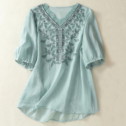 Buddha Stones Embroidered Lace Casual Women's Cotton Linen Half Sleeve T-shirt