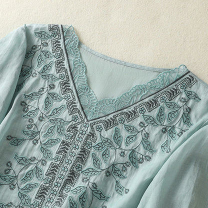 Buddha Stones Embroidered Lace Casual Women's Cotton Linen Half Sleeve T-shirt