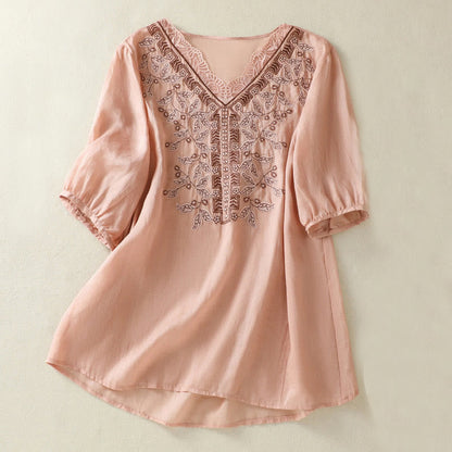 Buddha Stones Embroidered Lace Casual Women's Cotton Linen Half Sleeve T-shirt