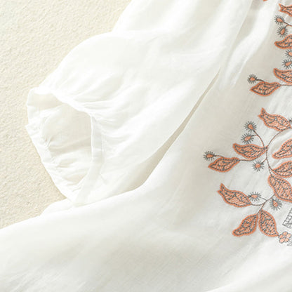 Buddha Stones Embroidered Lace Casual Women's Cotton Linen Half Sleeve T-shirt