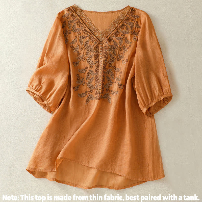 Buddha Stones Embroidered Lace Casual Women's Cotton Linen Half Sleeve T-shirt