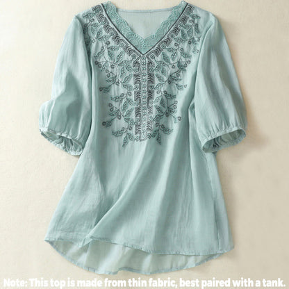 Buddha Stones Embroidered Lace Casual Women's Cotton Linen Half Sleeve T-shirt