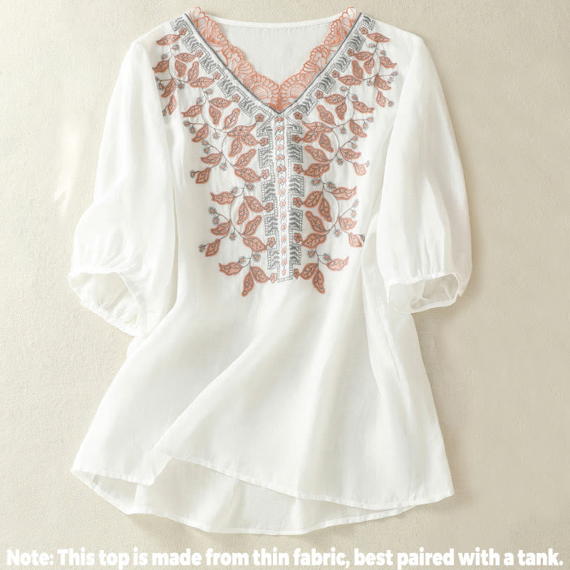 Buddha Stones Embroidered Lace Casual Women's Cotton Linen Half Sleeve T-shirt