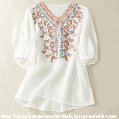 Buddha Stones Embroidered Lace Casual Women's Cotton Linen Half Sleeve T-shirt