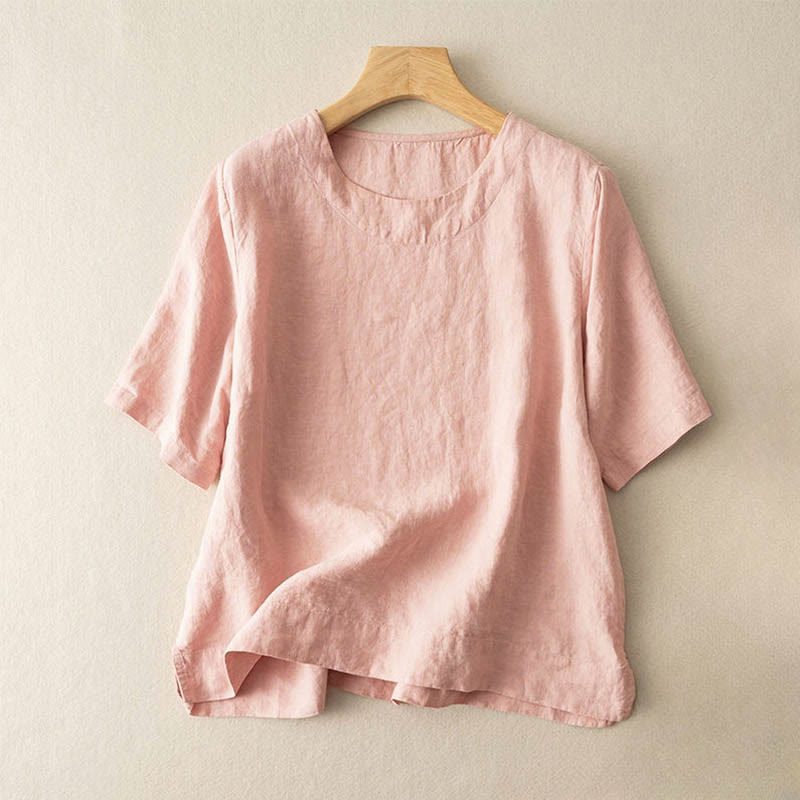 Buddha Stones Simple Plain Short Sleeve Crew Neck Side Slit Cotton Women's T-Shirt