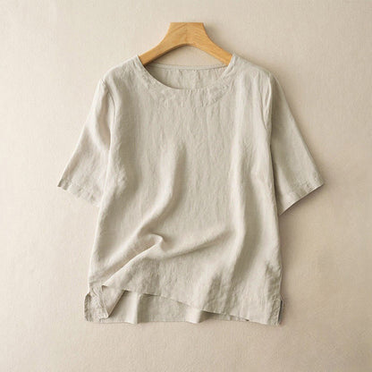 Buddha Stones Simple Plain Short Sleeve Crew Neck Side Slit Cotton Women's T-Shirt