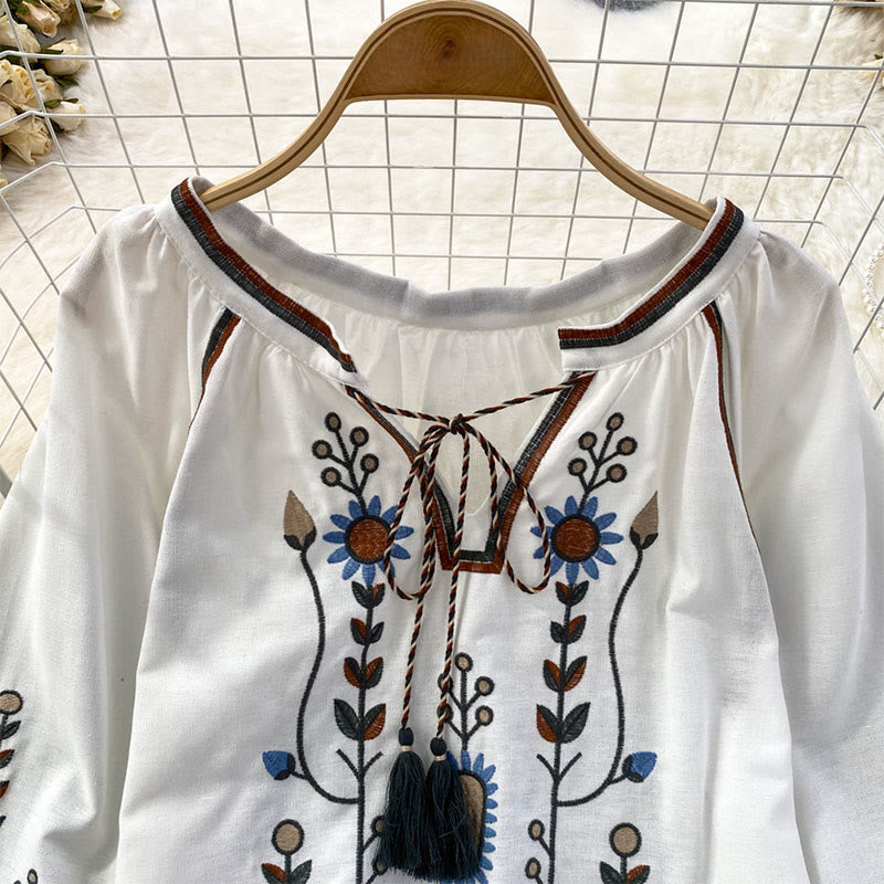 Buddha Stones Casual Embroidery Flower Leaf Pattern Women's Cotton Linen Round Neck T-shirt