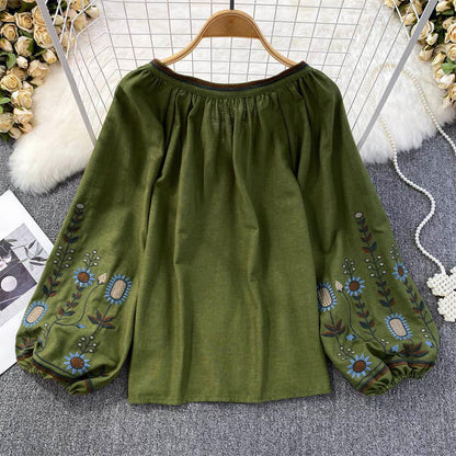Buddha Stones Casual Embroidery Flower Leaf Pattern Women's Cotton Linen Round Neck T-shirt