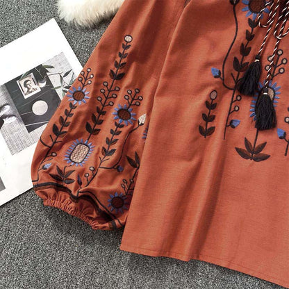 Buddha Stones Casual Embroidery Flower Leaf Pattern Women's Cotton Linen Round Neck T-shirt