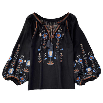 Buddha Stones Casual Embroidery Flower Leaf Pattern Women's Cotton Linen Round Neck T-shirt