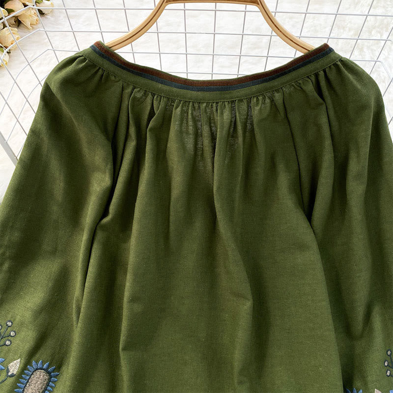 Buddha Stones Casual Embroidery Flower Leaf Pattern Women's Cotton Linen Round Neck T-shirt