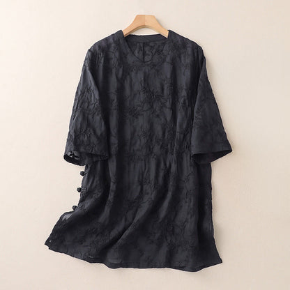 Buddha Stones Spring V-Neck Long Sleeve Leaf Pattern Women's Cotton Shirt