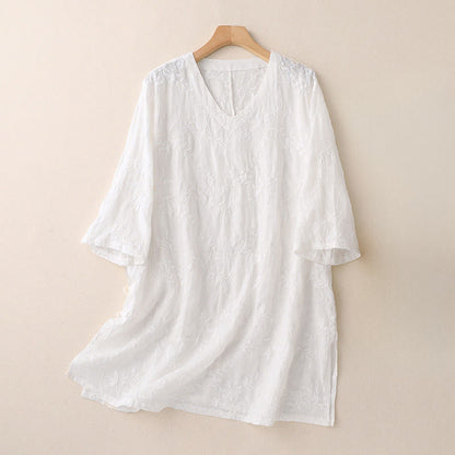 Buddha Stones Spring V-Neck Long Sleeve Leaf Pattern Women's Cotton Shirt