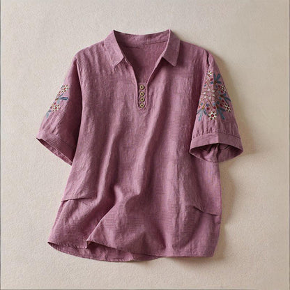 Buddha Stones Casual Floral Pattern Lapel Women's Short Sleeve T-shirt