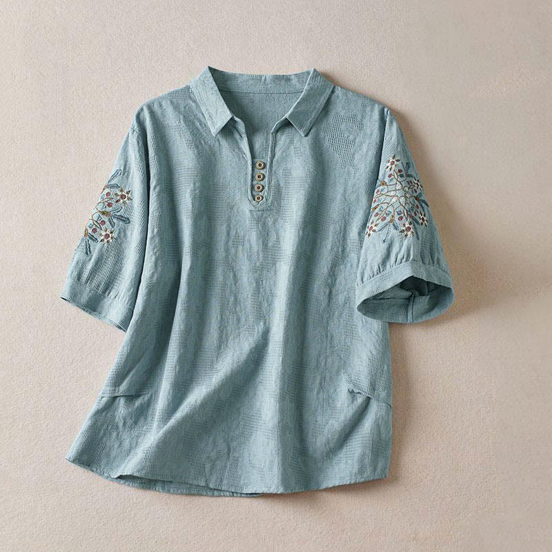 Buddha Stones Casual Floral Pattern Lapel Women's Short Sleeve T-shirt