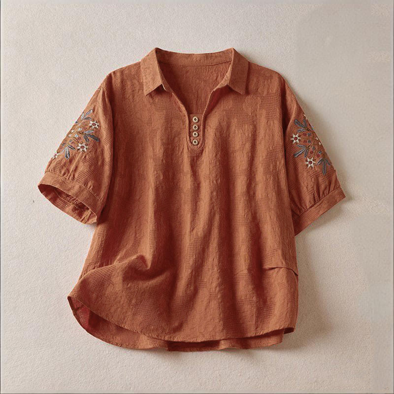 Buddha Stones Casual Floral Pattern Lapel Women's Short Sleeve T-shirt