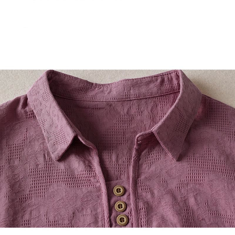Buddha Stones Casual Floral Pattern Lapel Women's Short Sleeve T-shirt