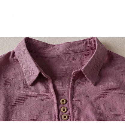 Buddha Stones Casual Floral Pattern Lapel Women's Short Sleeve T-shirt