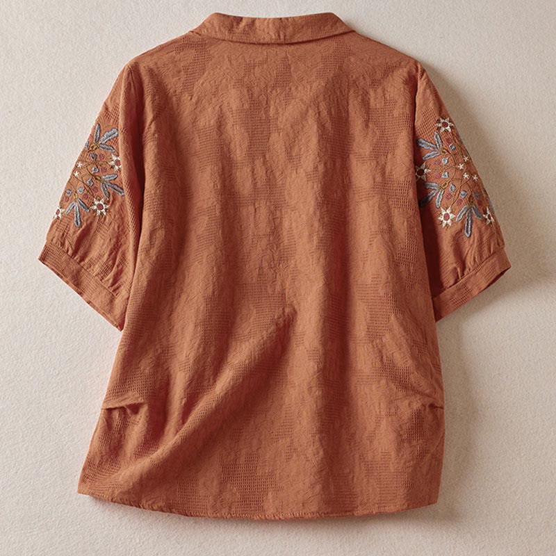 Buddha Stones Casual Floral Pattern Lapel Women's Short Sleeve T-shirt