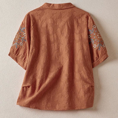 Buddha Stones Casual Floral Pattern Lapel Women's Short Sleeve T-shirt