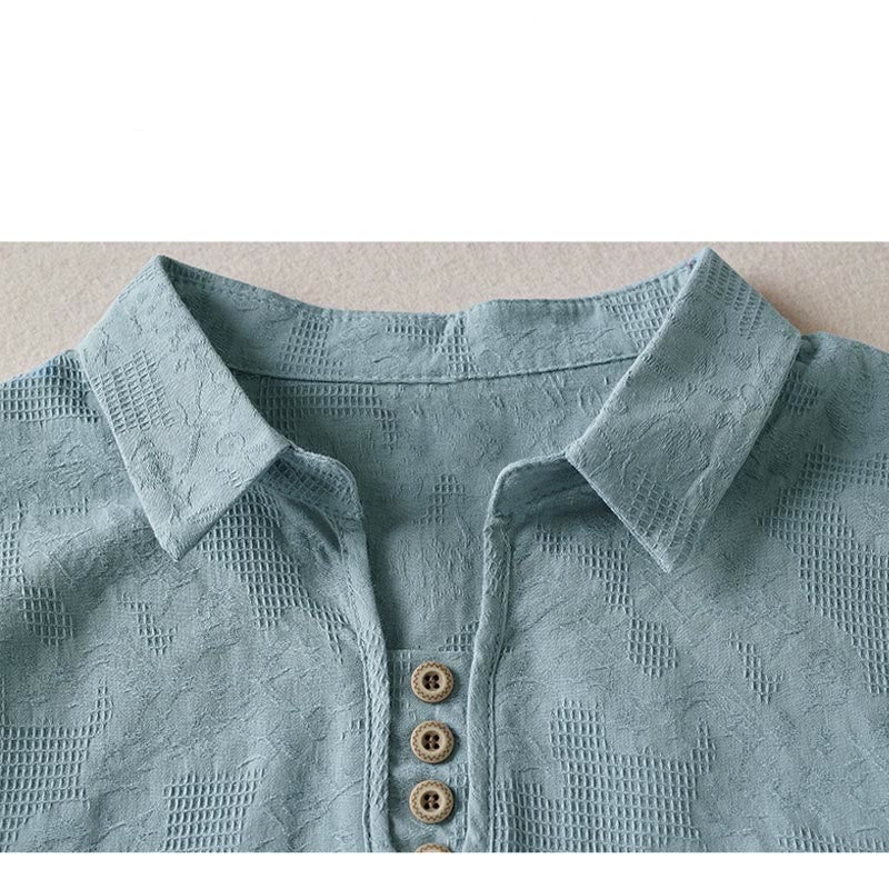 Buddha Stones Casual Floral Pattern Lapel Women's Short Sleeve T-shirt