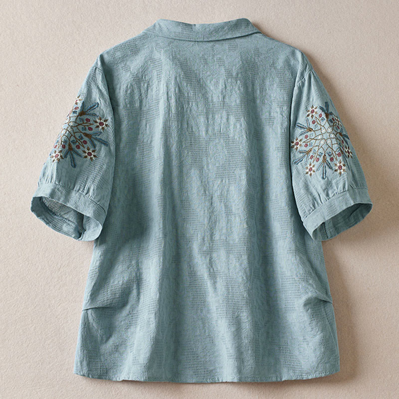 Buddha Stones Casual Floral Pattern Lapel Women's Short Sleeve T-shirt