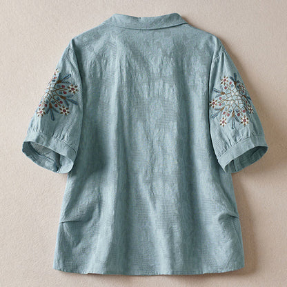 Buddha Stones Casual Floral Pattern Lapel Women's Short Sleeve T-shirt
