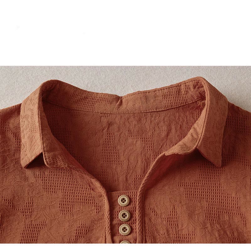 Buddha Stones Casual Floral Pattern Lapel Women's Short Sleeve T-shirt