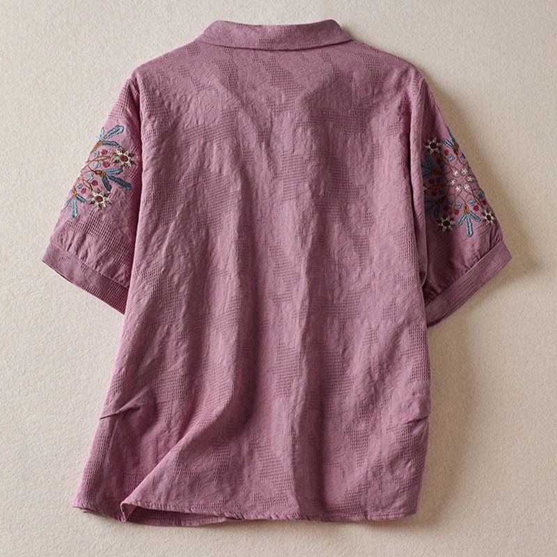 Buddha Stones Casual Floral Pattern Lapel Women's Short Sleeve T-shirt