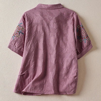 Buddha Stones Casual Floral Pattern Lapel Women's Short Sleeve T-shirt