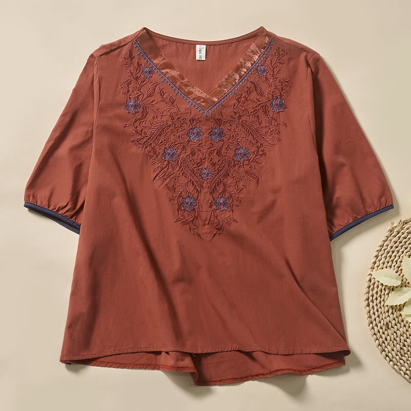 Buddha Stones Casual Floral Leaf Pattern V-Neck Women's Polyester Short Sleeve T-shirt